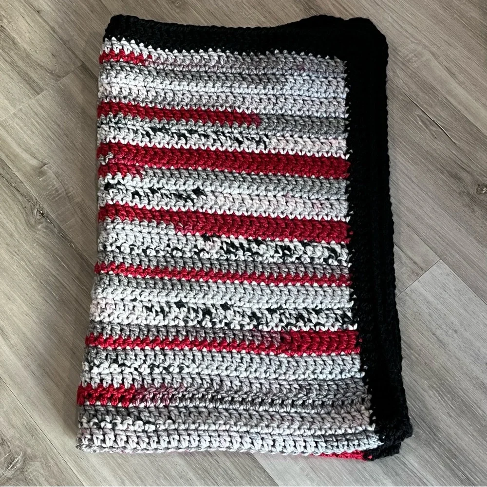 New Handmade Crochet Black, Gray, & Red Blanket